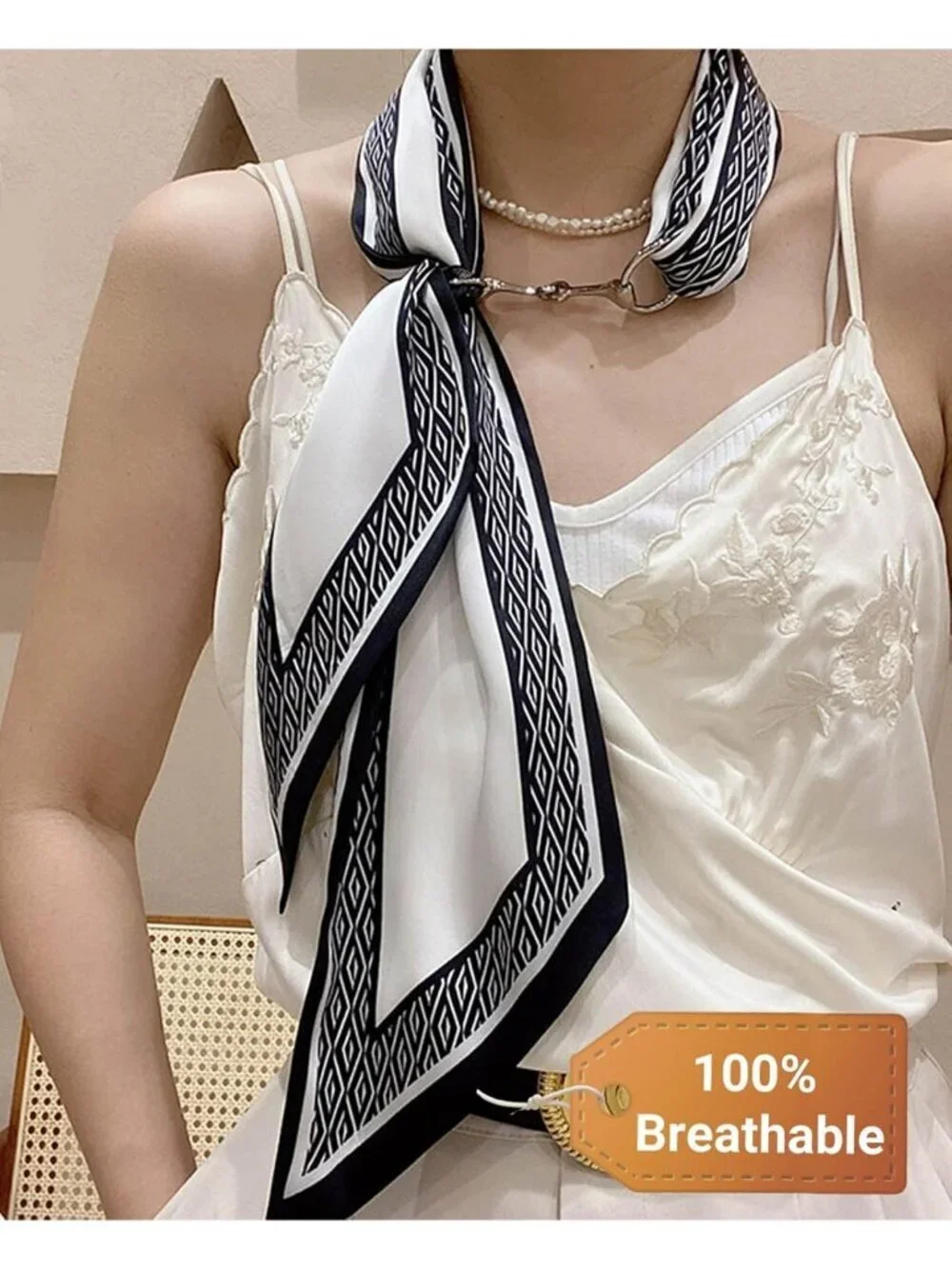 Women's Black White Strap Stylish Satin Headscarf Wrap Lightweight Scarves Scarf